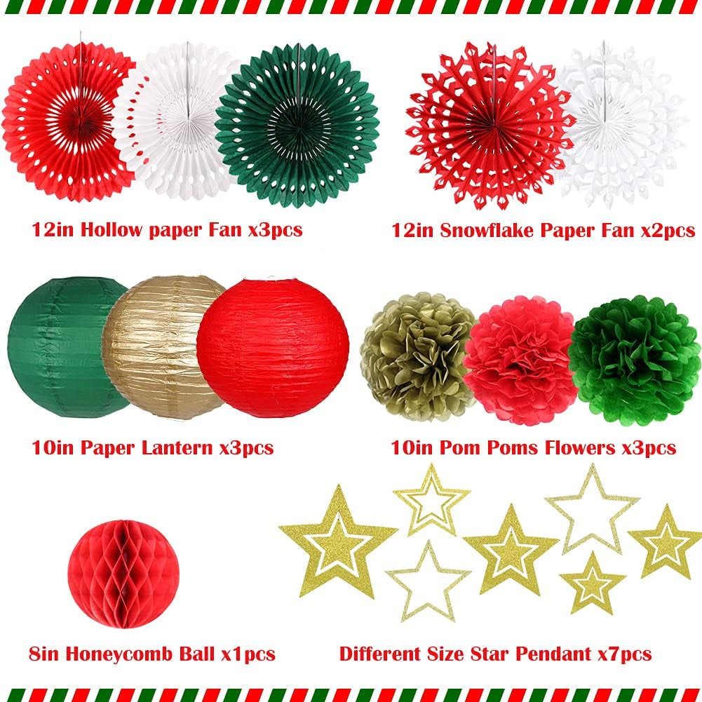 Christmas Party Decorations, Christmas Paper Lanterns Gold Star Pendant Hanging Snowflakes Paper Fan Pom Poms Flowers Honeycomb Ball for Xmas Party Eve Holiday Home Decor