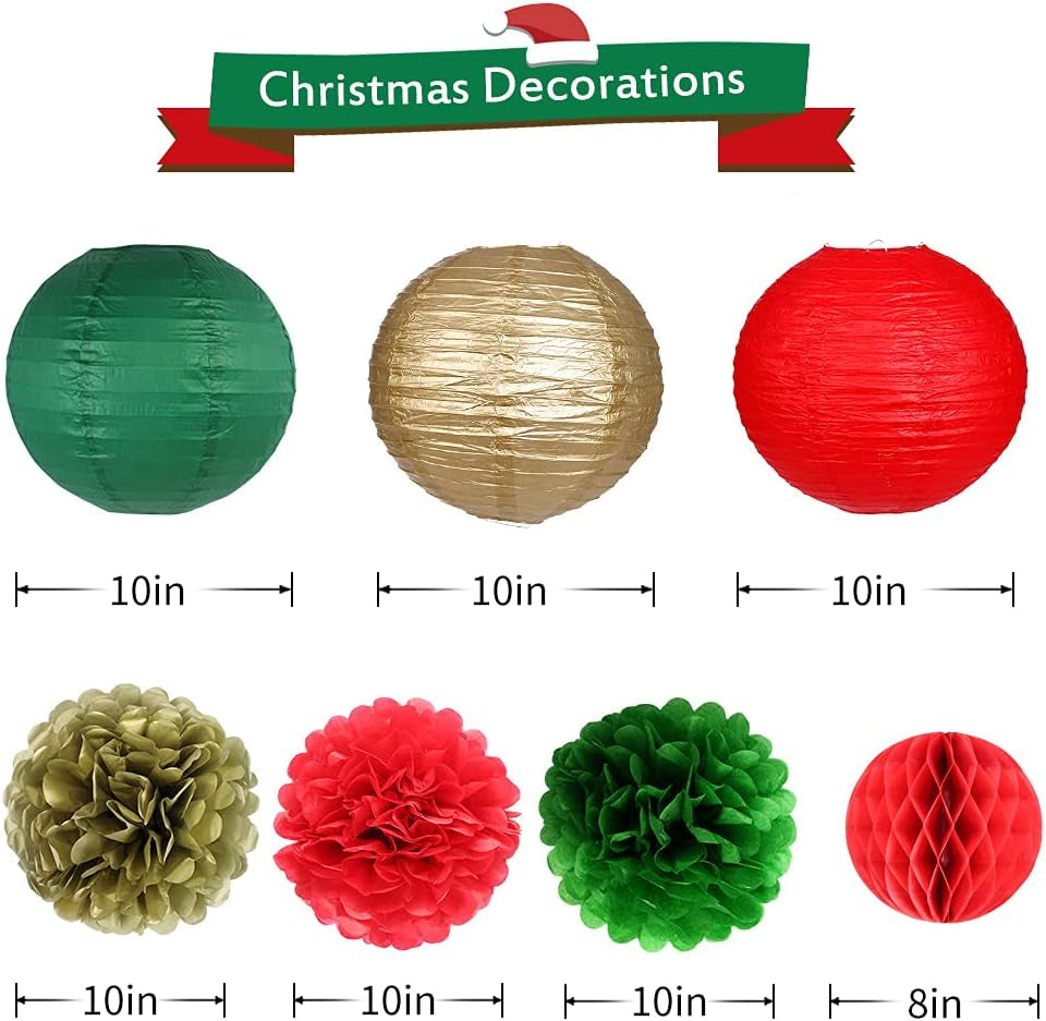 Christmas Party Decorations, Christmas Paper Lanterns Gold Star Pendant Hanging Snowflakes Paper Fan Pom Poms Flowers Honeycomb Ball for Xmas Party Eve Holiday Home Decor