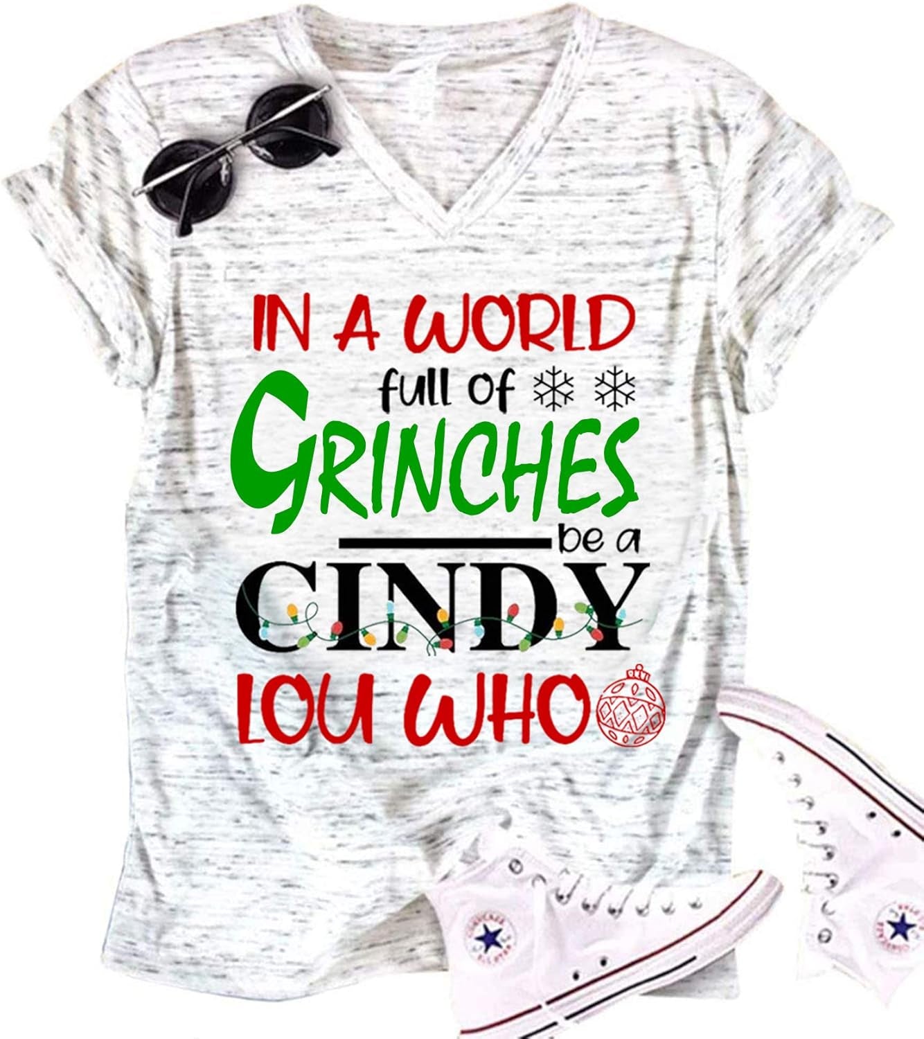 Winter V Neck Casual T Shirts for Women Christmas Funny Print Tee Tops Cindy Lou Who Tee Shirt Cute Blouse Tunic