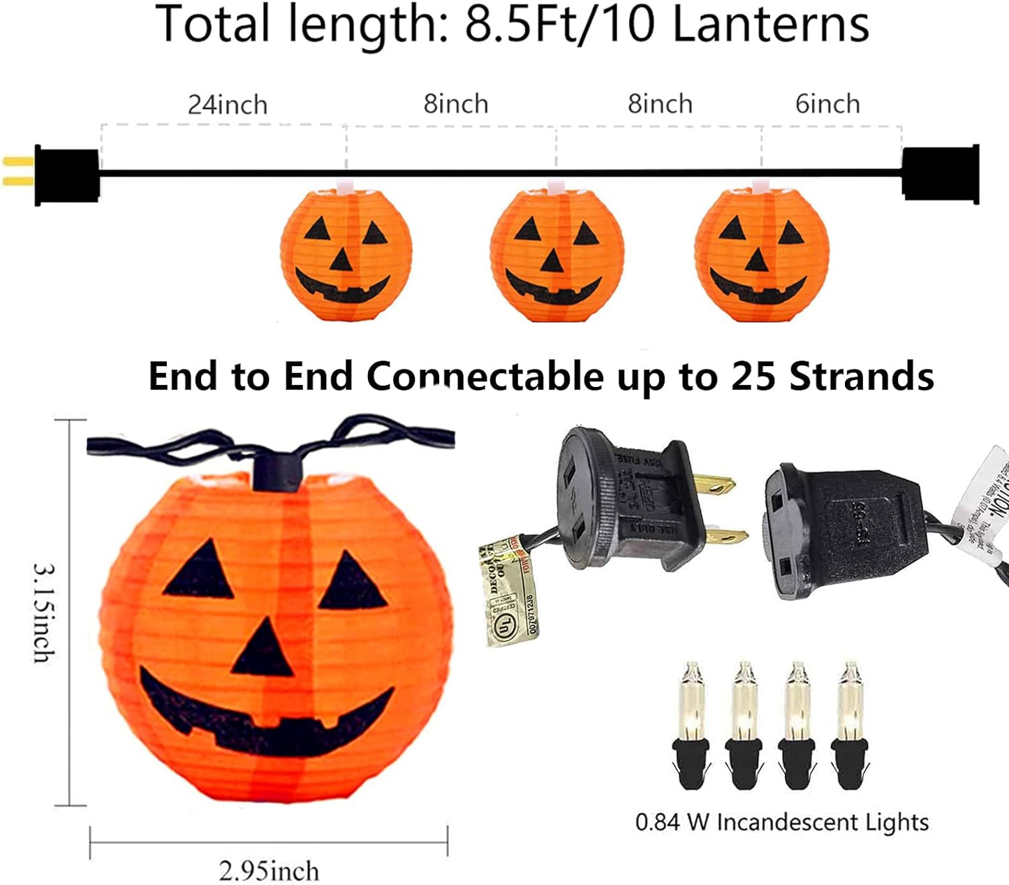 Halloween Pumpkin Lantern String Lights 8.5Ft Halloween String Lights with 10 Smiling Jack O Lantern Pumpkins, Plug in Outdoor Orange Pumpkin Lantern Lights for Halloween Party Holiday Decor