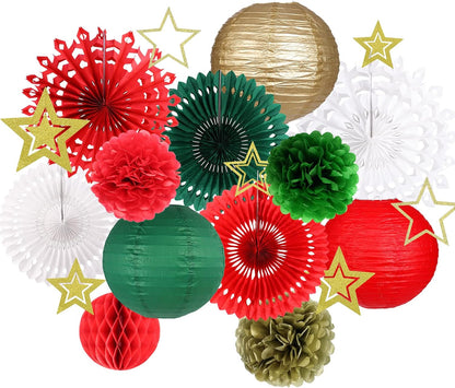 Christmas Party Decorations, Christmas Paper Lanterns Gold Star Pendant Hanging Snowflakes Paper Fan Pom Poms Flowers Honeycomb Ball for Xmas Party Eve Holiday Home Decor