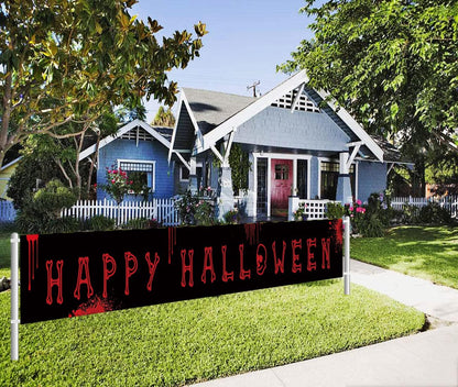 Large Happy Halloween Banner, Halloween Party Decoration Supplies, Halloween Decor Outdoor Indoor, Funny Halloween Terror Bloody Banner（9.8 X 1.6 Feet）