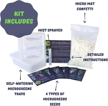 Self Watering Indoor Microgreens Kit - Hydroponic Microgreens Growing Kit for Vegetable Seeds & Herb Seeds - Broccoli, Rambo Radish, Red Tatsoi, China Rose Radish, Spicy Salad Mix, Basic Salad Mix