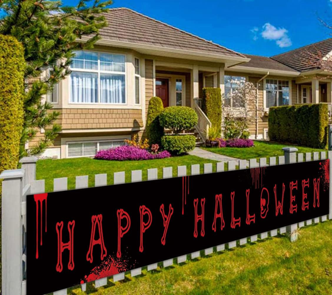 Large Happy Halloween Banner, Halloween Party Decoration Supplies, Halloween Decor Outdoor Indoor, Funny Halloween Terror Bloody Banner（9.8 X 1.6 Feet）