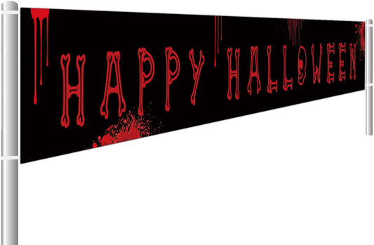 Large Happy Halloween Banner, Halloween Party Decoration Supplies, Halloween Decor Outdoor Indoor, Funny Halloween Terror Bloody Banner（9.8 X 1.6 Feet）